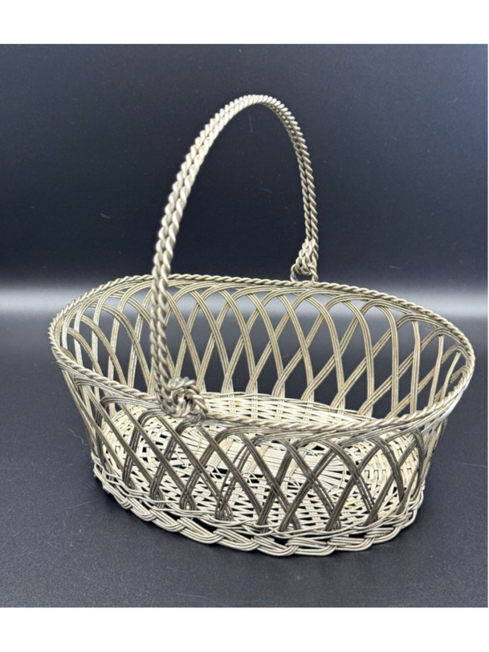 Vintage Cottagecore Kitchen Basket w/ Handle - Silver Fruit or Bread